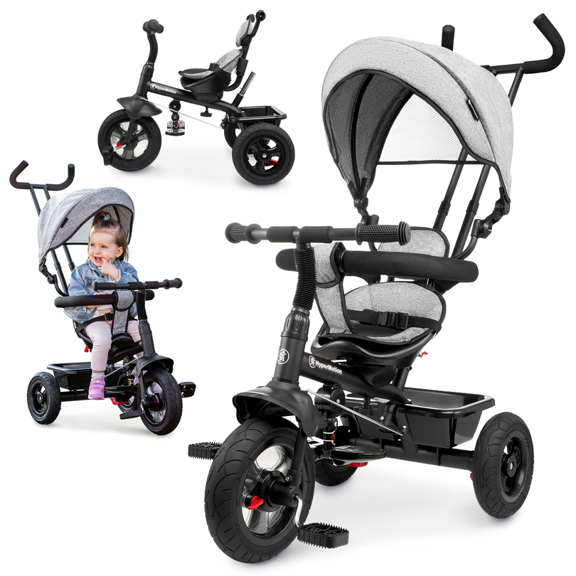 Trehjulet cykel til børn 1-4 år - TOBI FREY - grå farve - drejelig - pumpede hjul + skubber