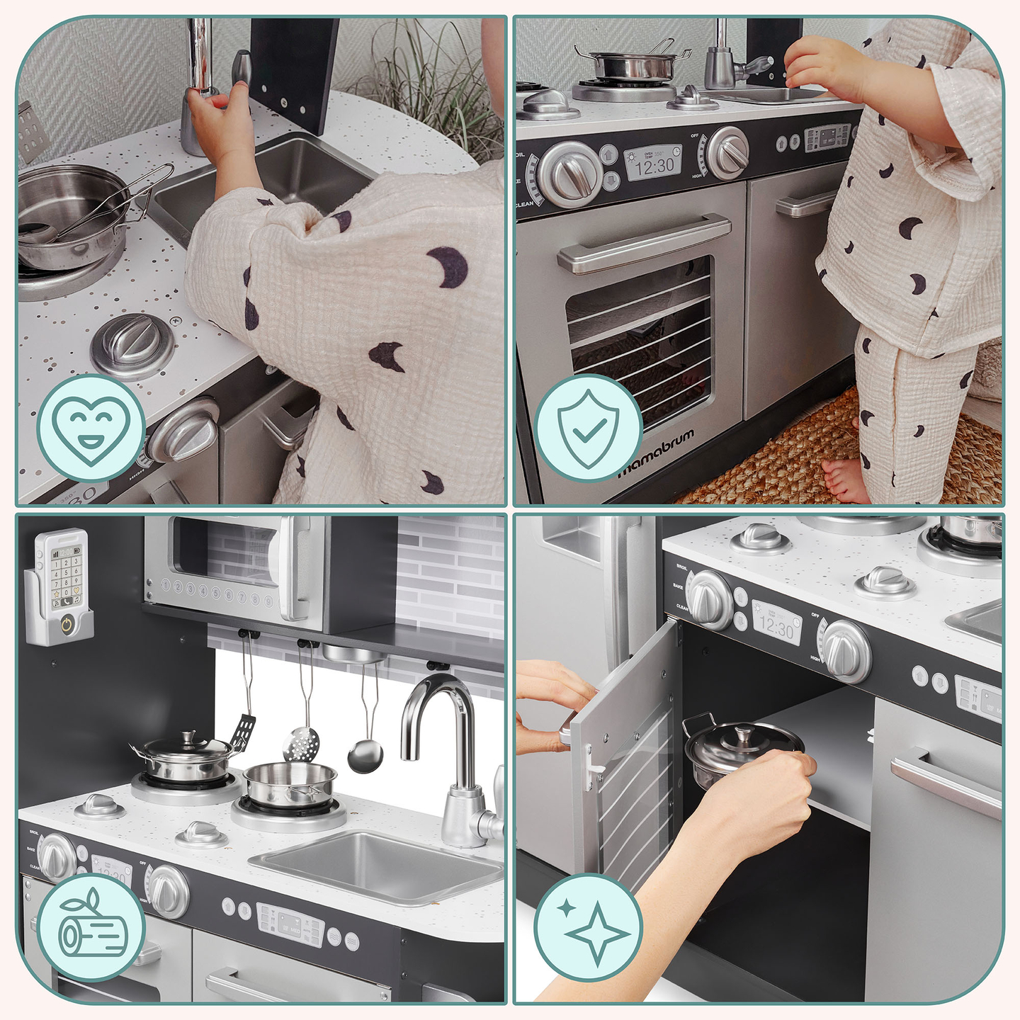 XXL-trækøkken med LED-belysning, forklæde og tilbehør