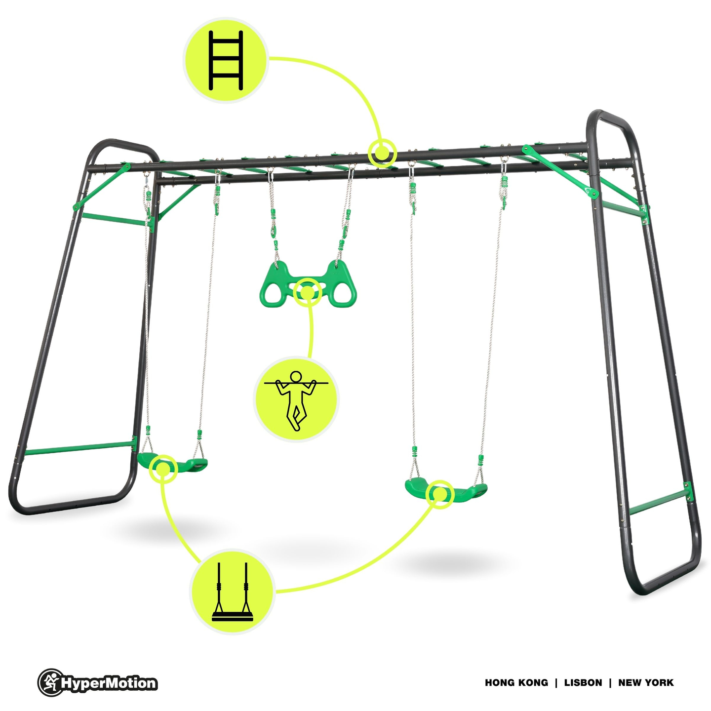 XXL havegynge i stål - 2 sæder, stige, gymnastiktrapez