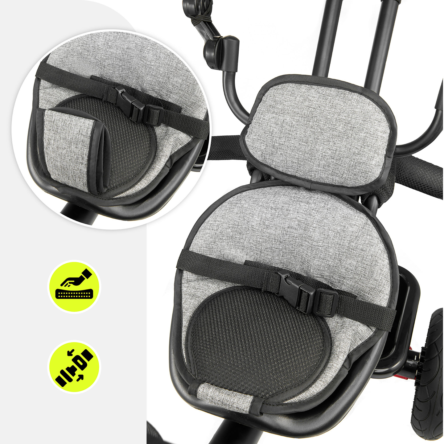 Trehjulet cykel til børn 1-4 år - TOBI FREY - grå farve - drejelig - pumpede hjul + skubber