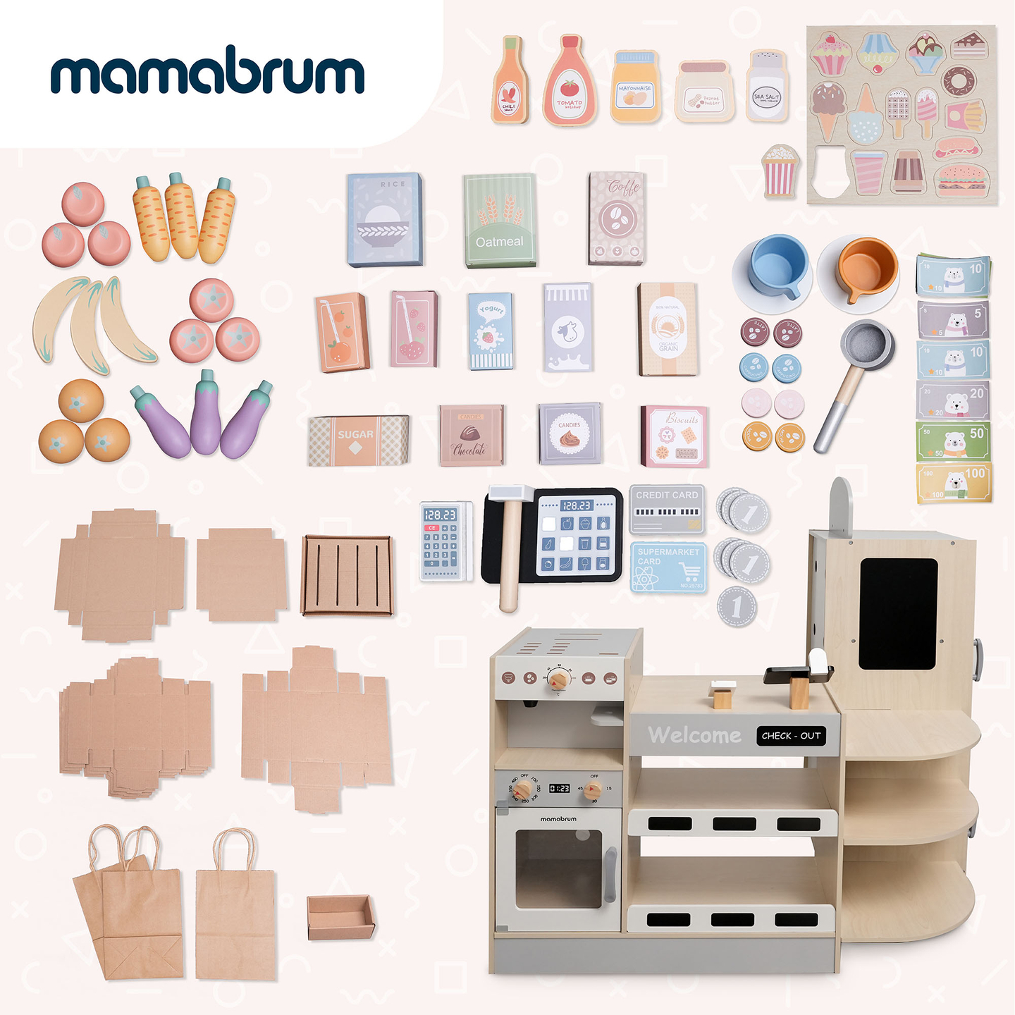 Stor XXXL-butik i træ til børn med fastfoodbar - Corner shop + Kaffemaskine + Ovn + Køleskab - 106 ac.