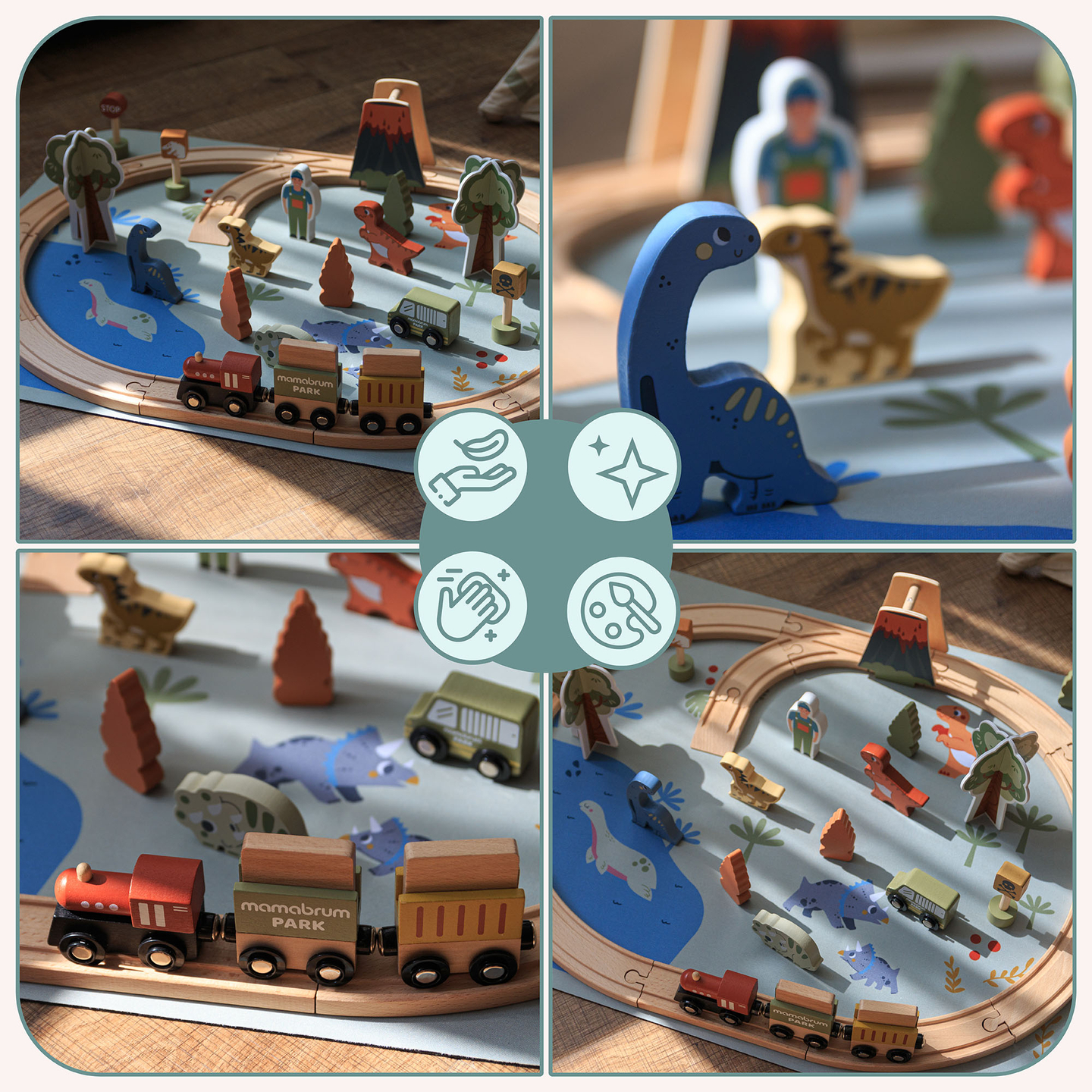 Dino Park trætog med skridsikker måtte - dinosaurer, tog, skinner, vulkan, klokke