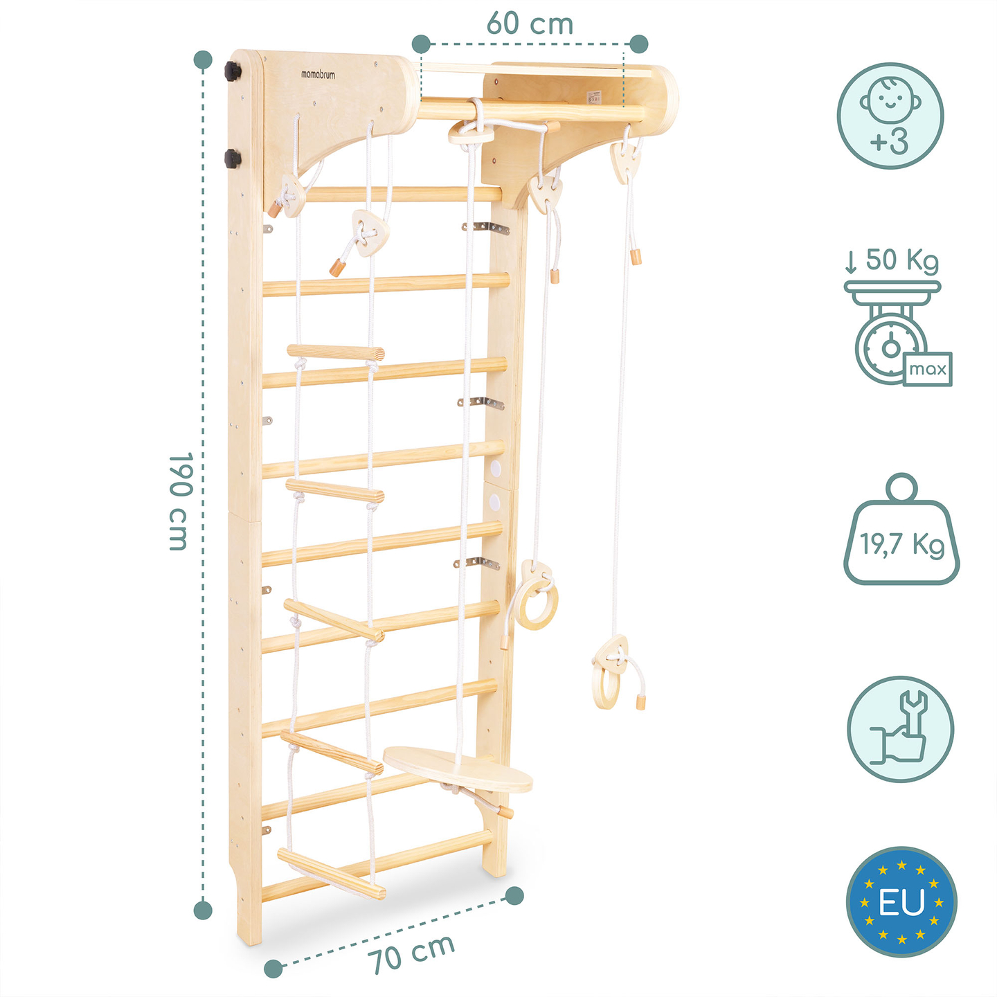 Trægymnastikstige til børn med tilbehør - en tallerkengynge, gymnastikringe og en rebstige