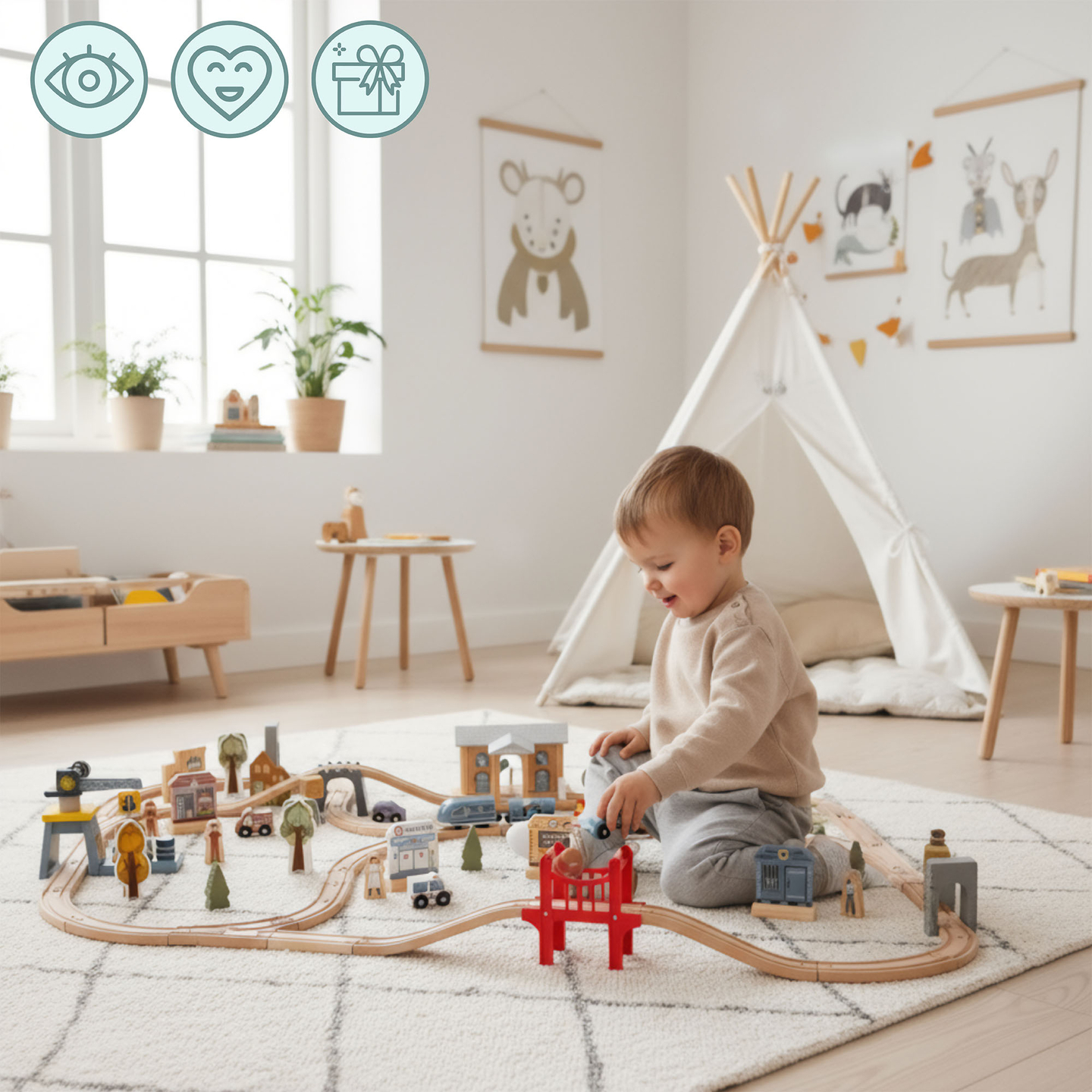 Træbane med elektrisk tog - flyttekran, skib, broer