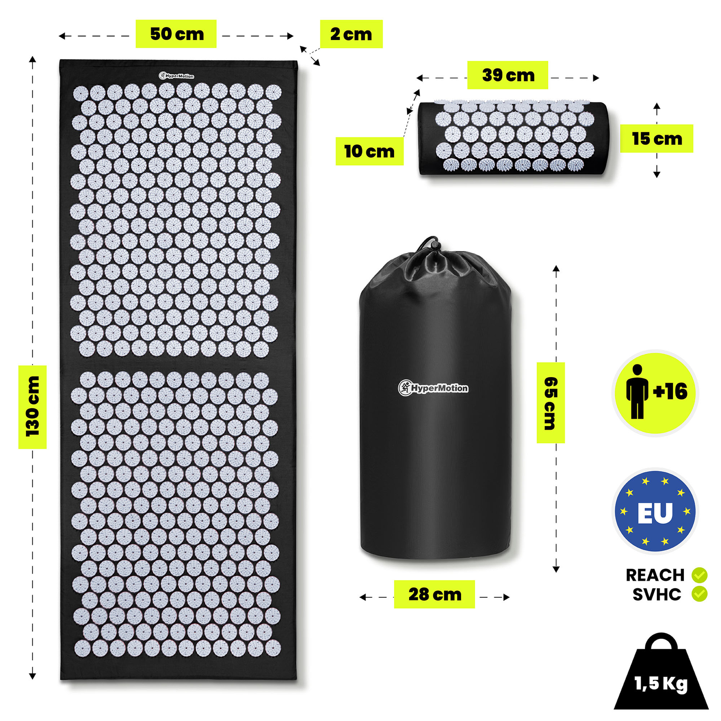Stor akupressurmåtte med pude og betræk - 130 cm HyperMotion sort og hvid