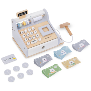 Kasseapparat i træ med tilbehør