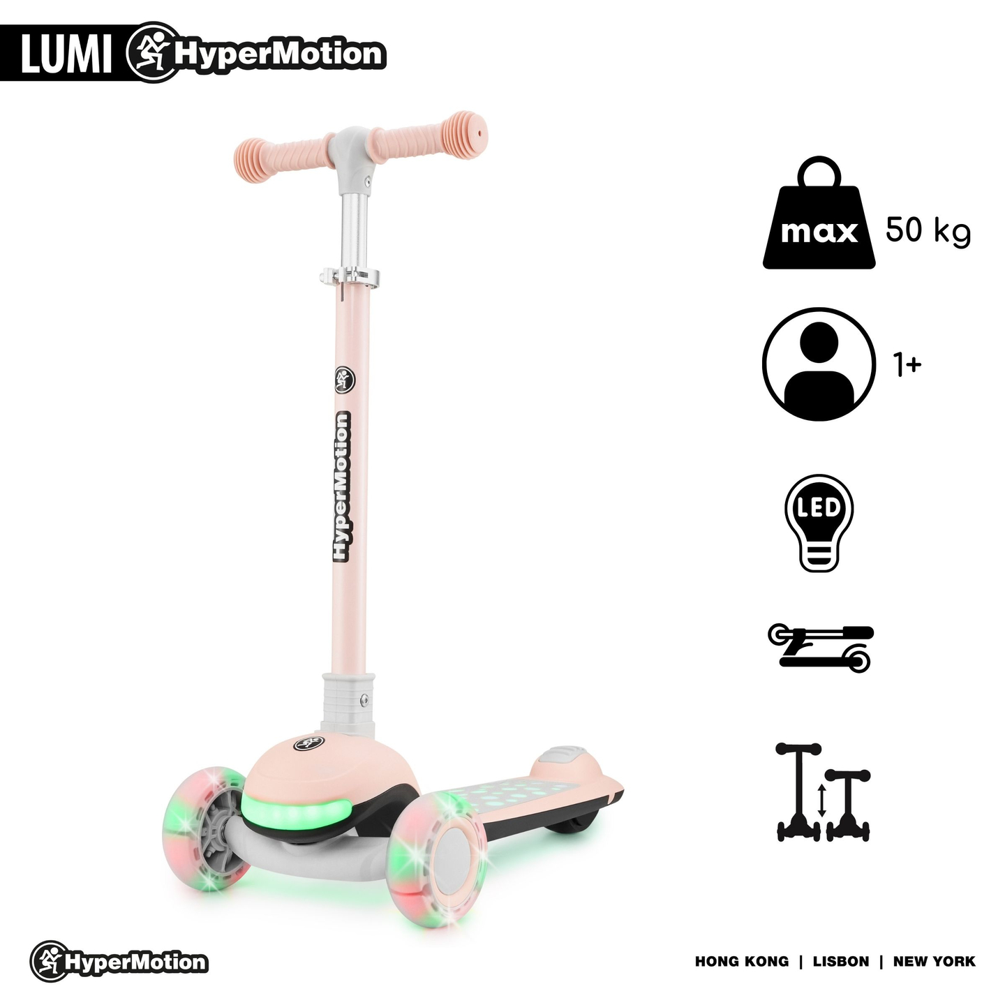 HyperMotion LUMI 3-i-1 balancescooter - oplyst platform og LED-hjul, farve pink
