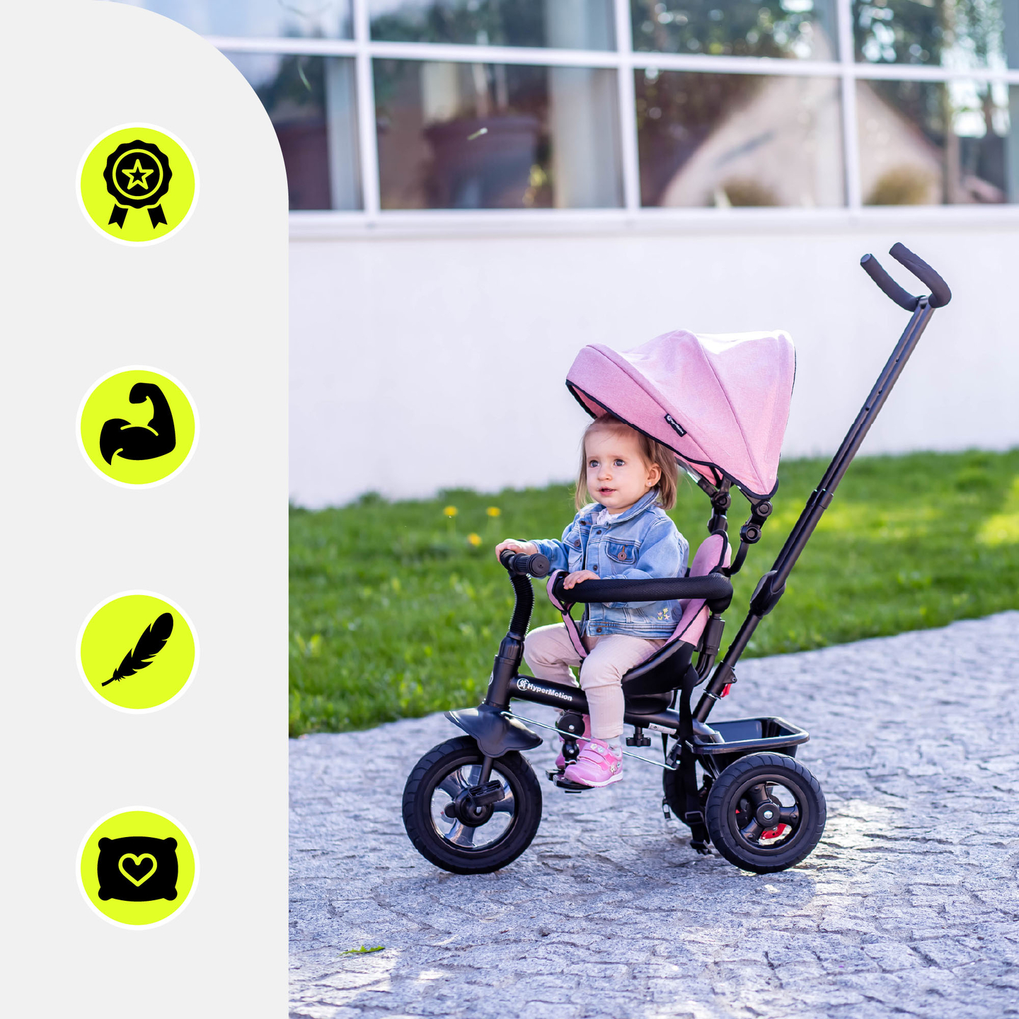 Trehjulet cykel til børn 1-4 år - TOBI FREY - lyserød farve - drejelig - pumpede hjul + skubber