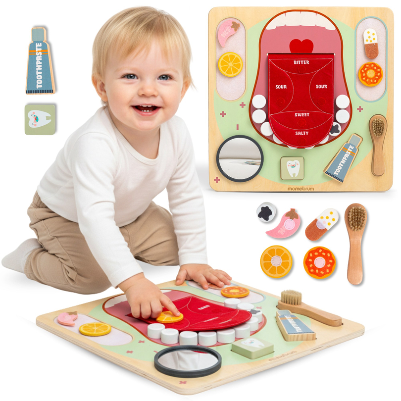 Træ Montessori pædagogisk tavle Lille tandlæge - tandbørste, tandpasta, aftagelige tænder, spejl, mad, læringssmag