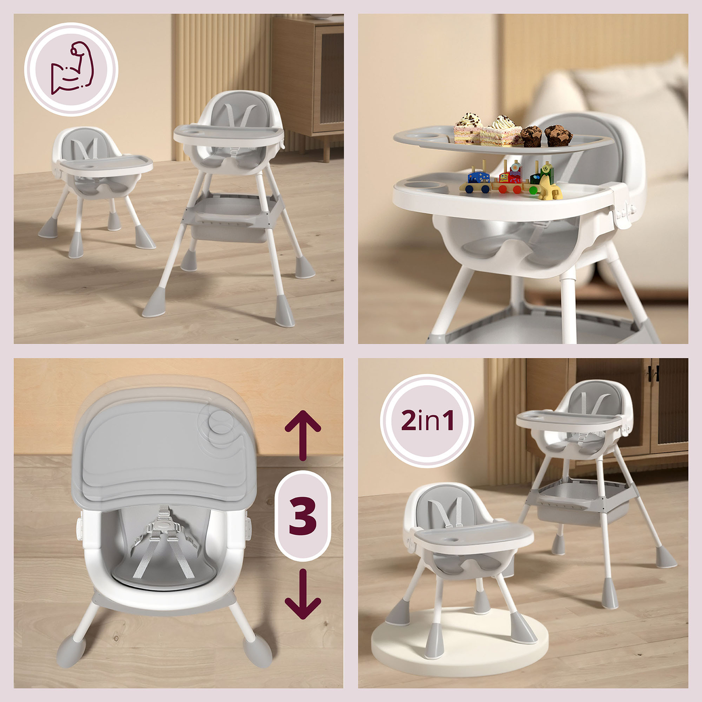 Moby-System Magnolia 2-i-1 justerbar højstol - grå