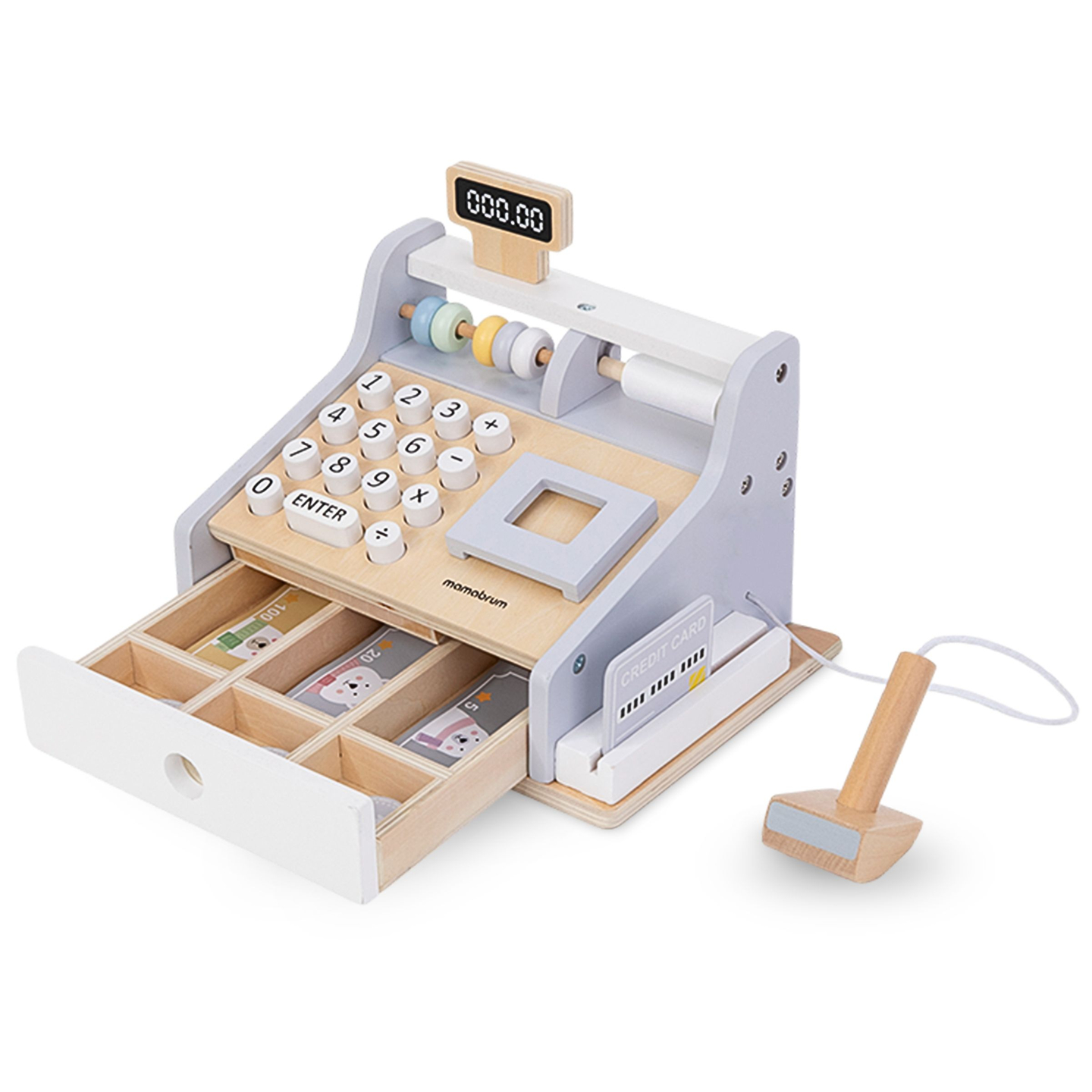 Kasseapparat i træ med tilbehør