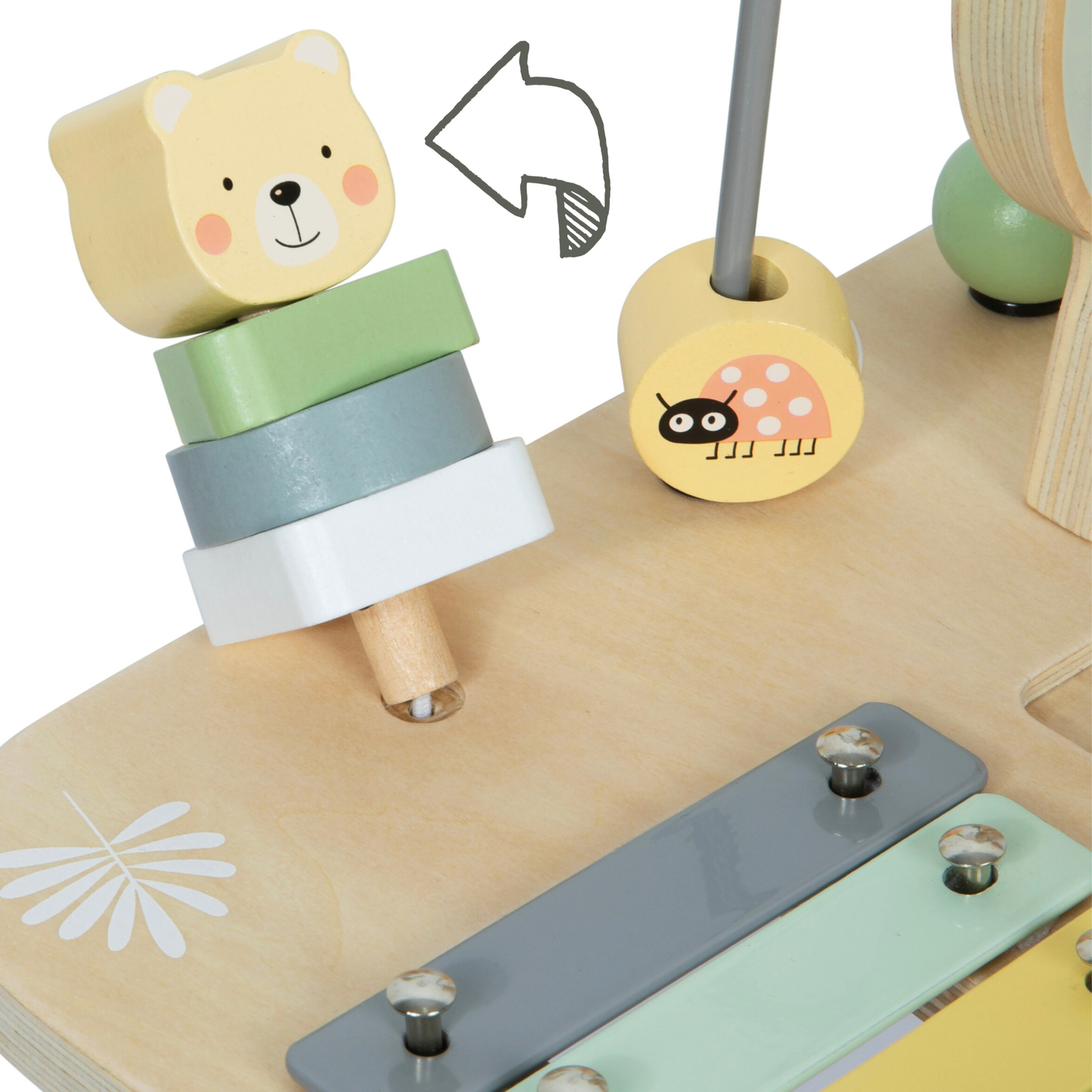 Pædagogisk 7-i-1 musikbord i træ med bækkener og gong - vild jungle