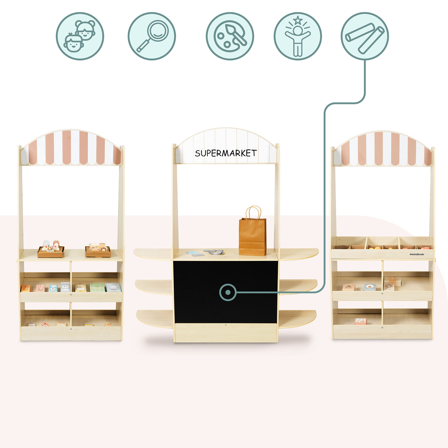 Stor børnebutik i træ med tavle - 91 dele til shoppingsjov!