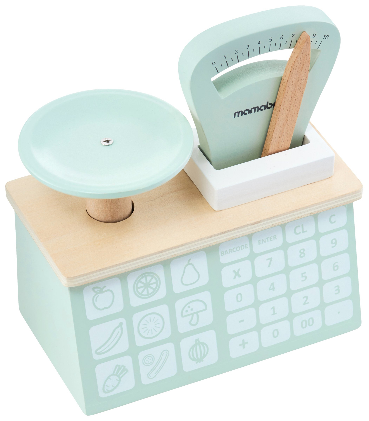 Stor træbutik - bod og teater 2 i 1 med vægt, betalingsterminal, frugt og grøntsager