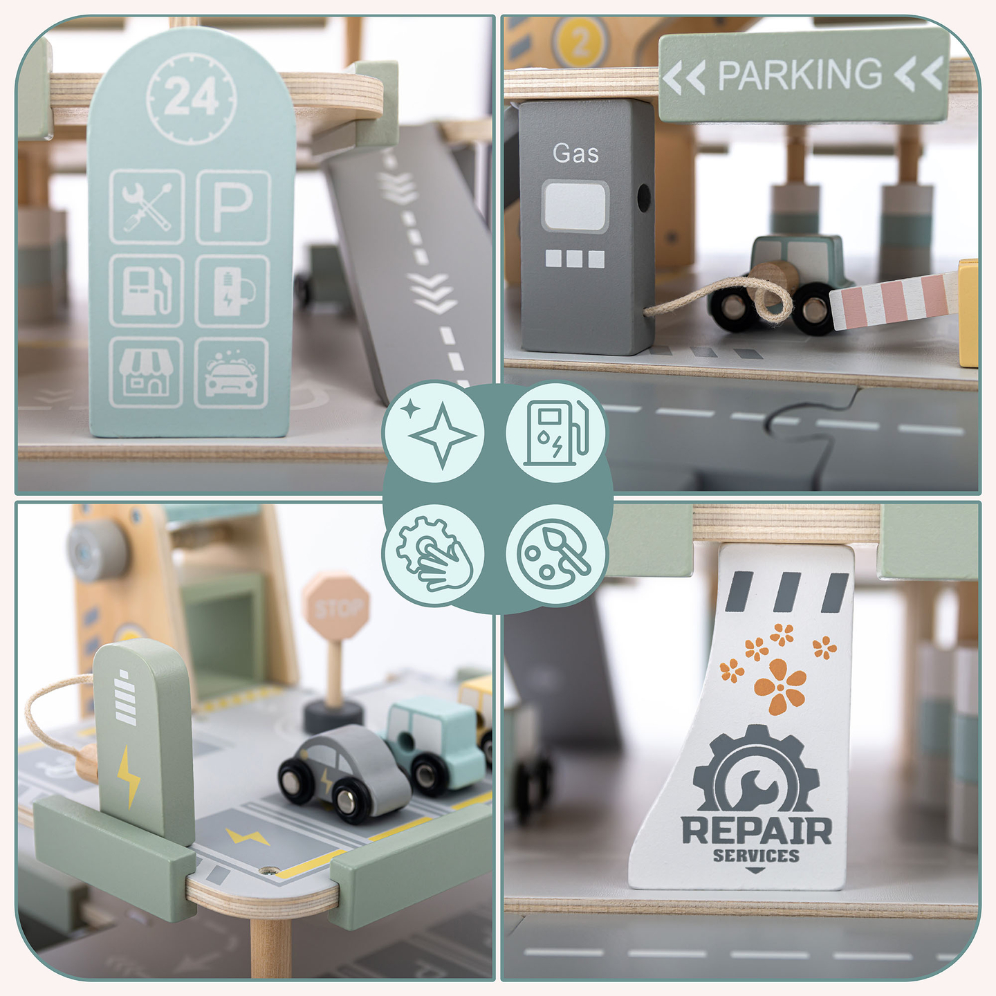 Trægarage i tre etager til børn med tilbehør – parkeringsplads, tankstation, bilvask, helikopter