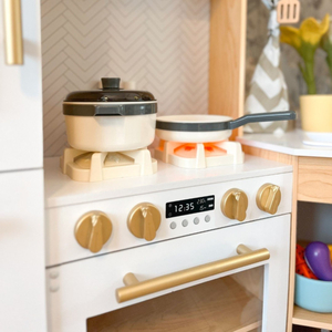 XXXXL stort interaktivt køkken i træ med LED-belysning, vaskemaskine, mikrobølgeovn, kaffemaskine og frugt- og grøntsagssæt - 50 elementer