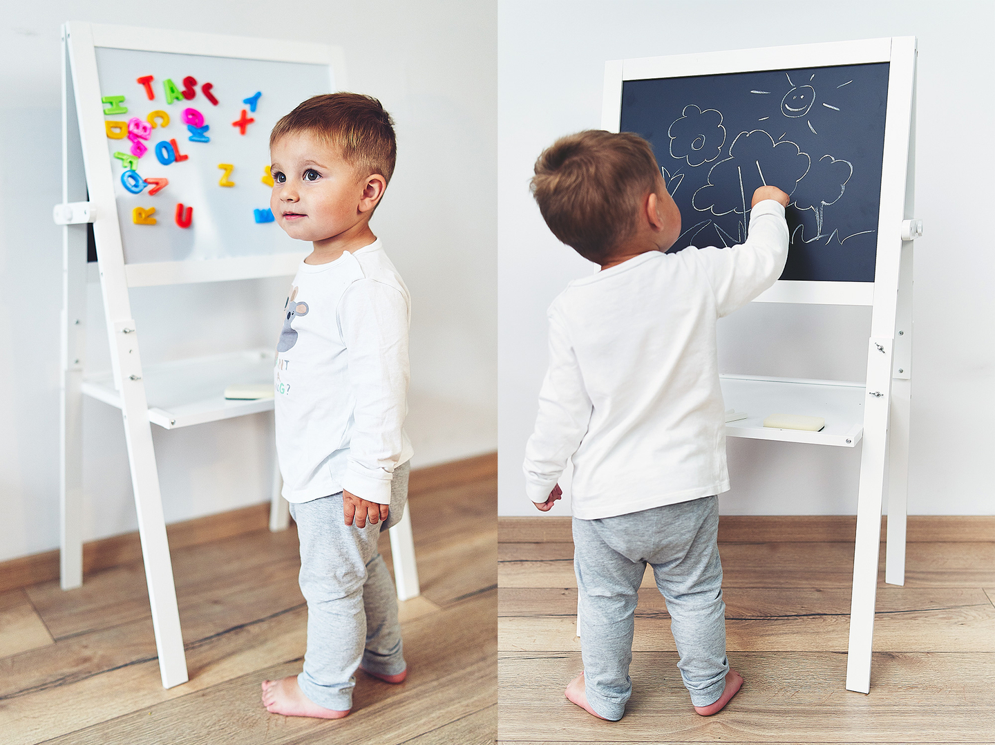 Pædagogisk dobbeltsidet tavle: magnetisk og kridttavle - tørt tørres af, træ, til børn, sammenklappelig