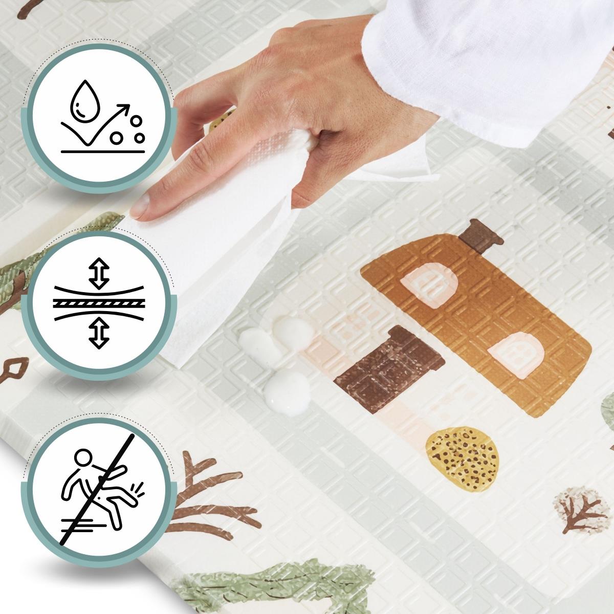 Dobbeltsidet foldbar skummåtte 180 x 120 x 1 cm - Charming Town/Sand Beige