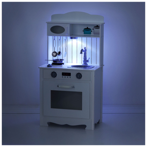 Hvidt trækøkken med forklæde, tilbehør og LED-lampe