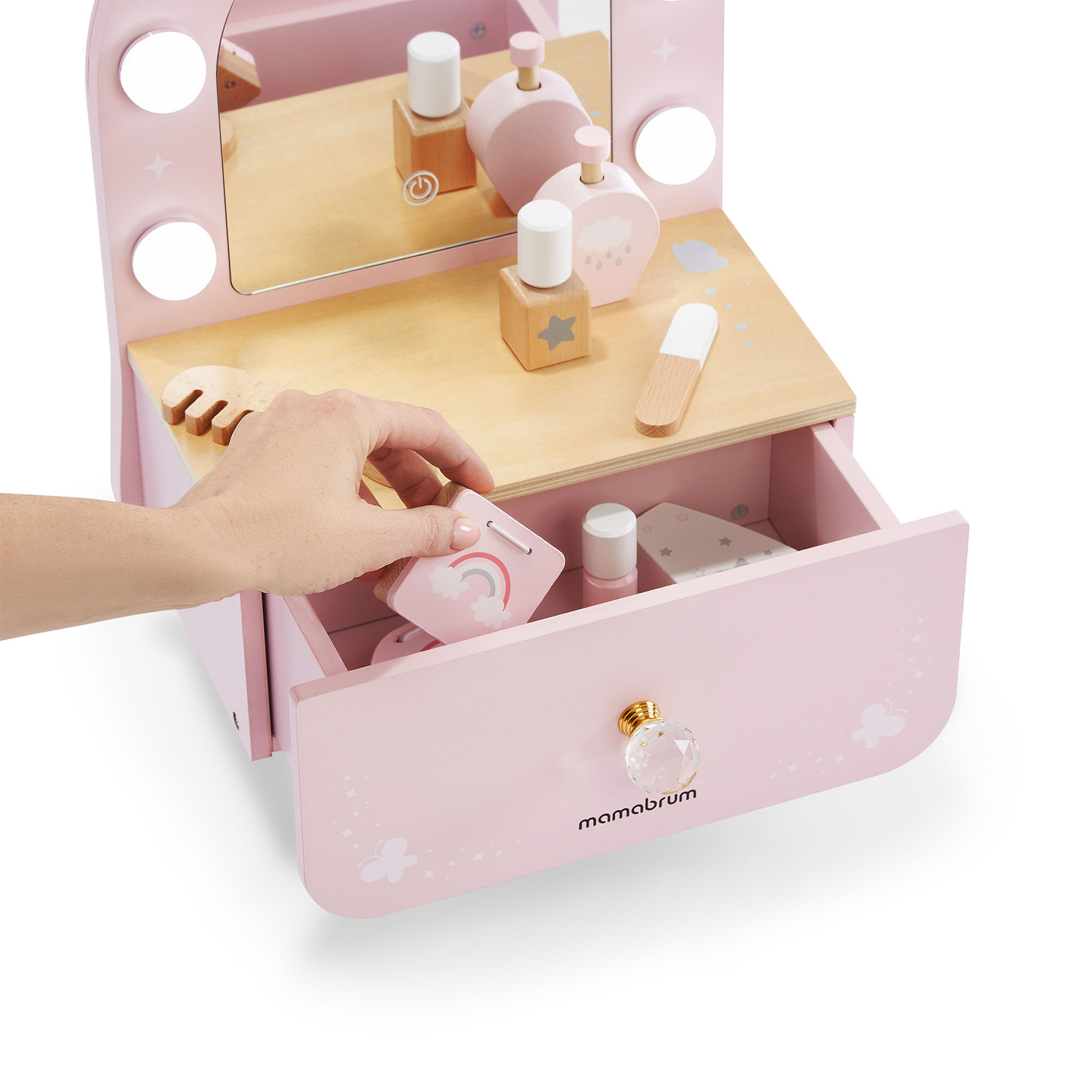 Mini-sminkebord i træ til børn med tilbehør og LED-belysning med trinløs lysstyrkejustering
