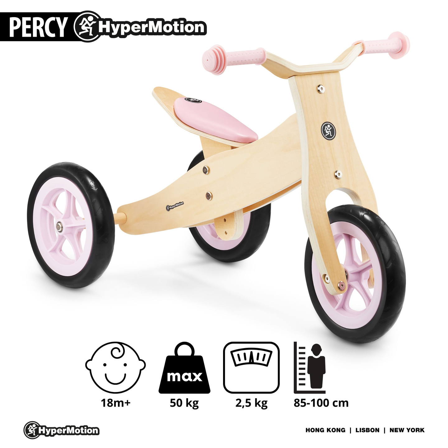 Trehjulet cykel og balancecykel i træ 2in1 - HyperMotion PERCY - pink
