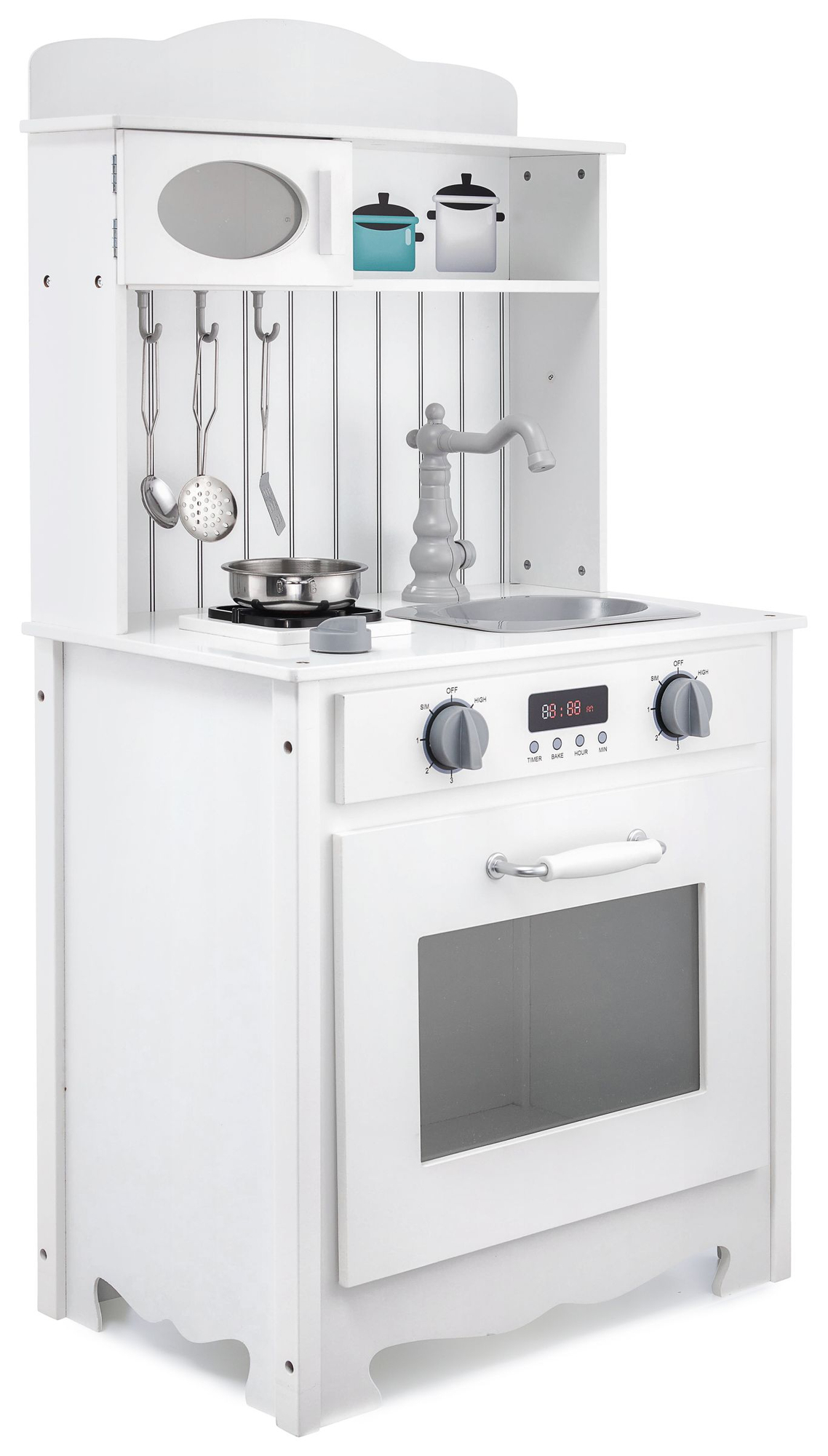 Hvidt trækøkken med forklæde, tilbehør og LED-lampe