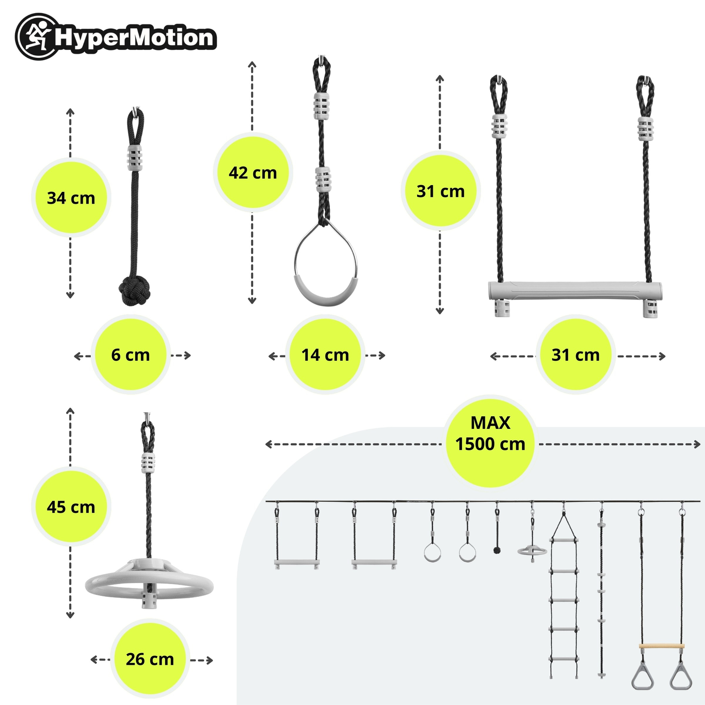 Ninja-forhindringsbane til børn - HyperMotion slackline-sæt - 9 forhindringer