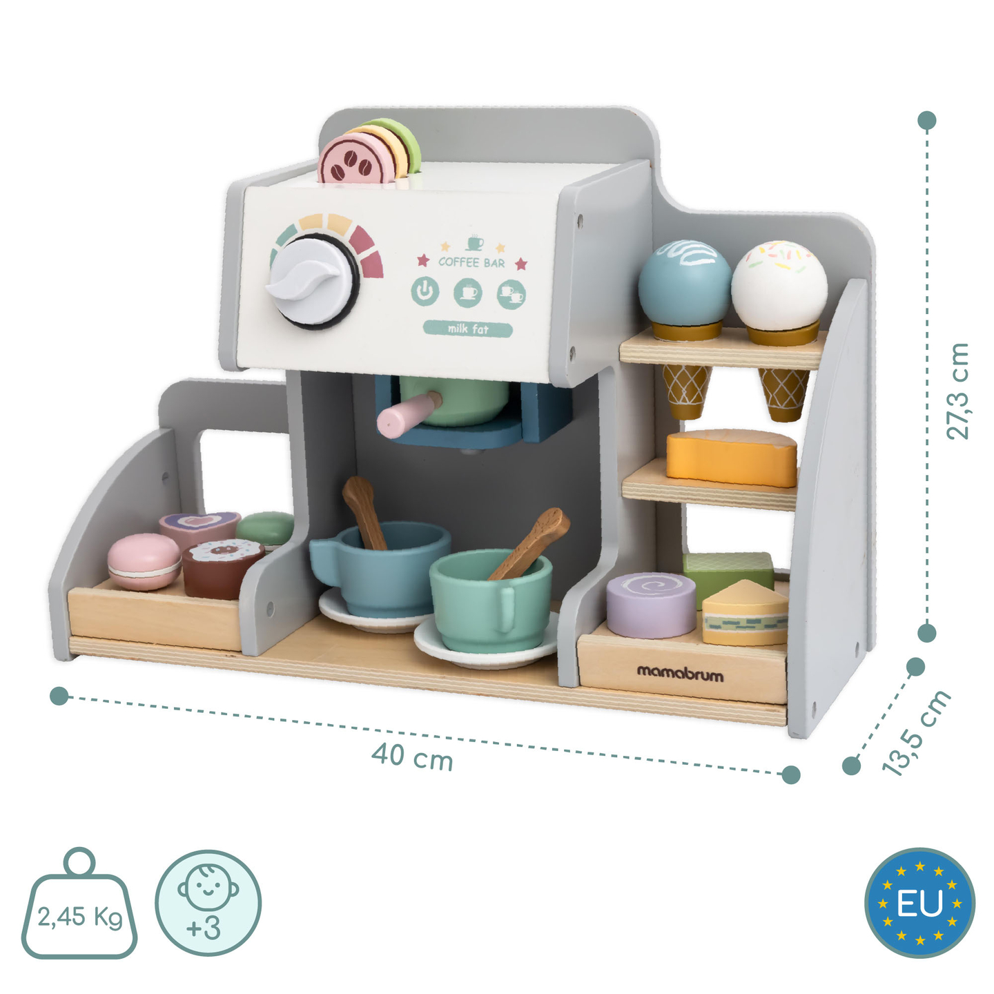 En stor isbar i træ med magnettavle, kaffemaskine og is- og dessertsæt - over 70 dele!