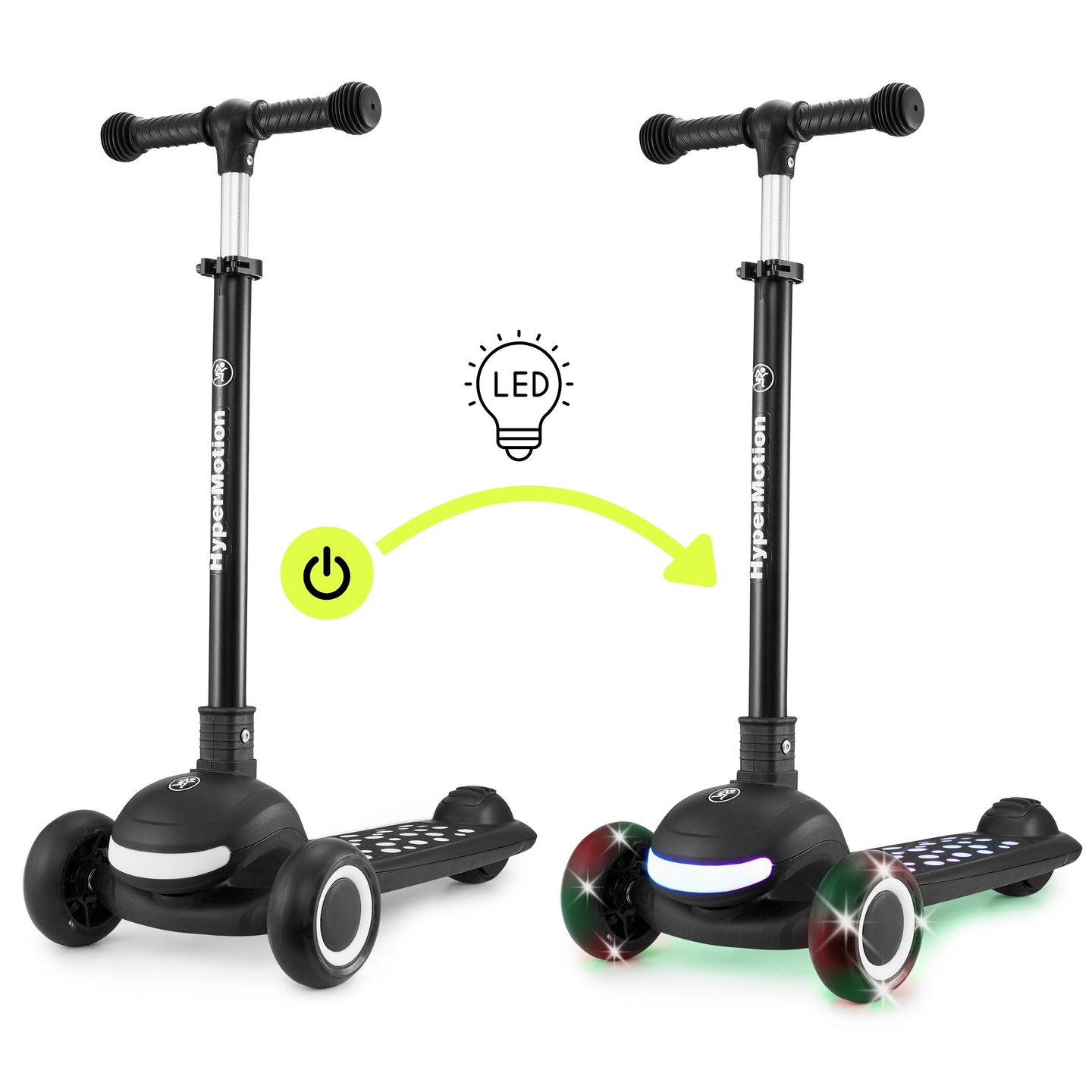 HyperMotion LUMI 3-i-1 balancescooter - oplyst platform og LED-hjul, sort farve