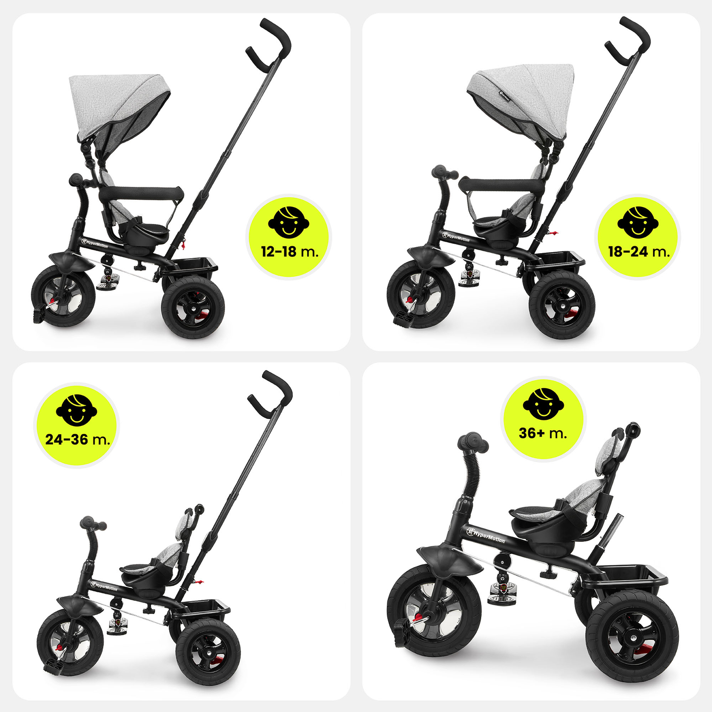 Trehjulet cykel til børn 1-4 år - TOBI FREY - grå farve - drejelig - pumpede hjul + skubber