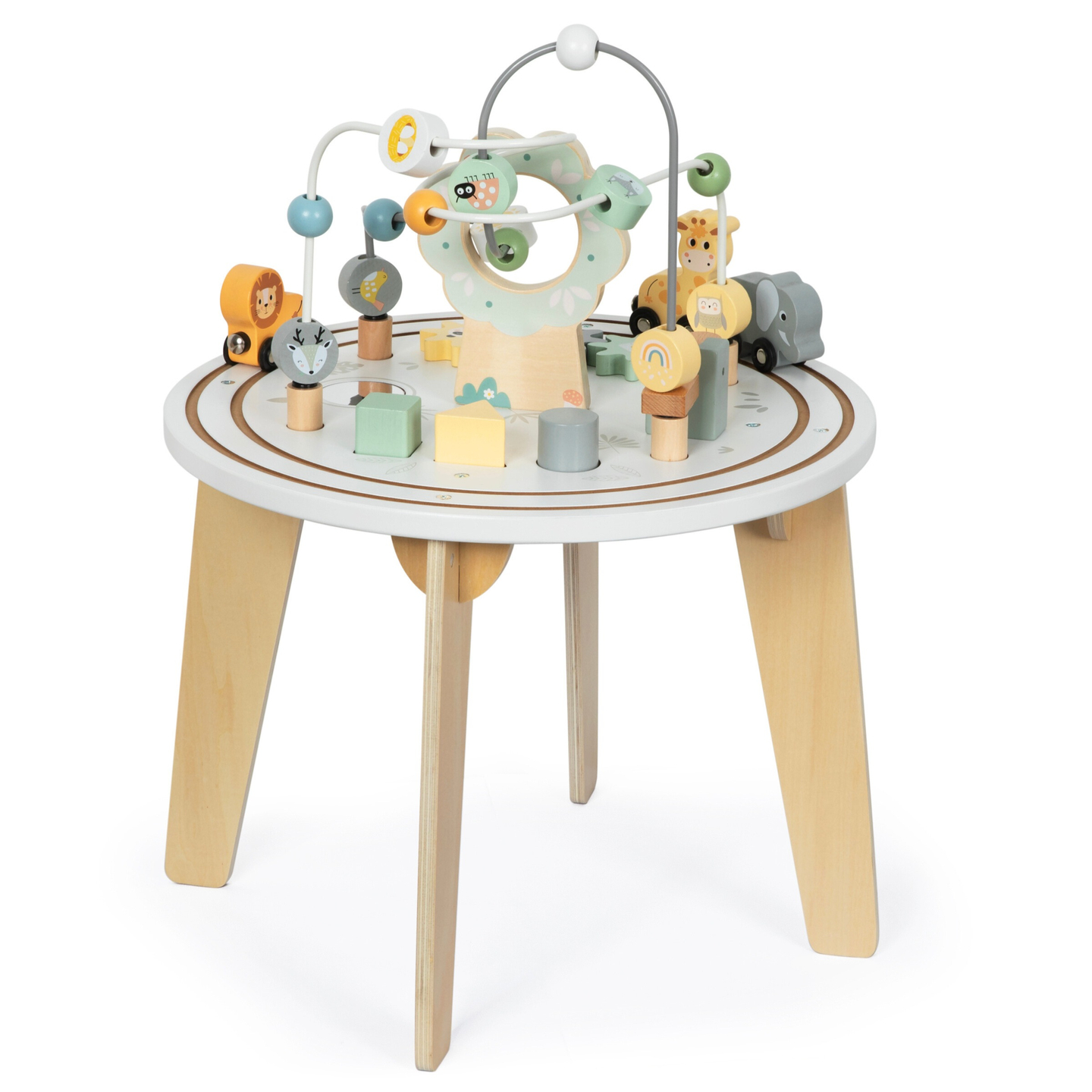 Rundt uddannelsesbord af træ med et magnetisk tog og en perlekaster