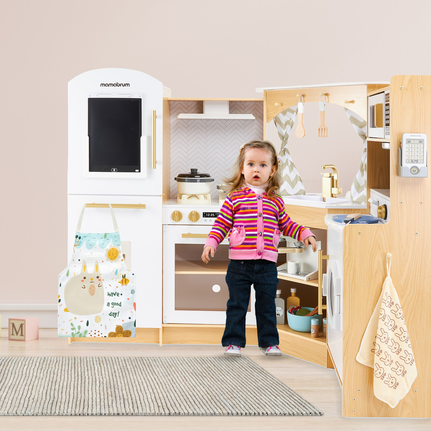 XXXXL stort interaktivt køkken i træ med LED-belysning, vaskemaskine, mikrobølgeovn, kaffemaskine og frugt- og grøntsagssæt - 50 elementer