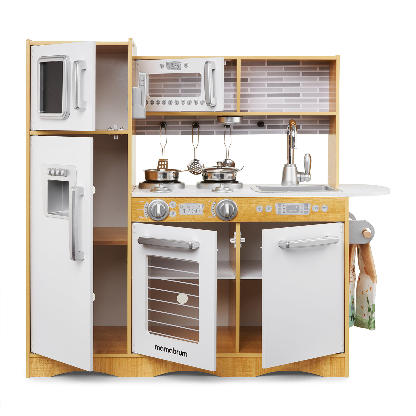 XXL-trækøkken med LED-belysning, forklæde og tilbehør