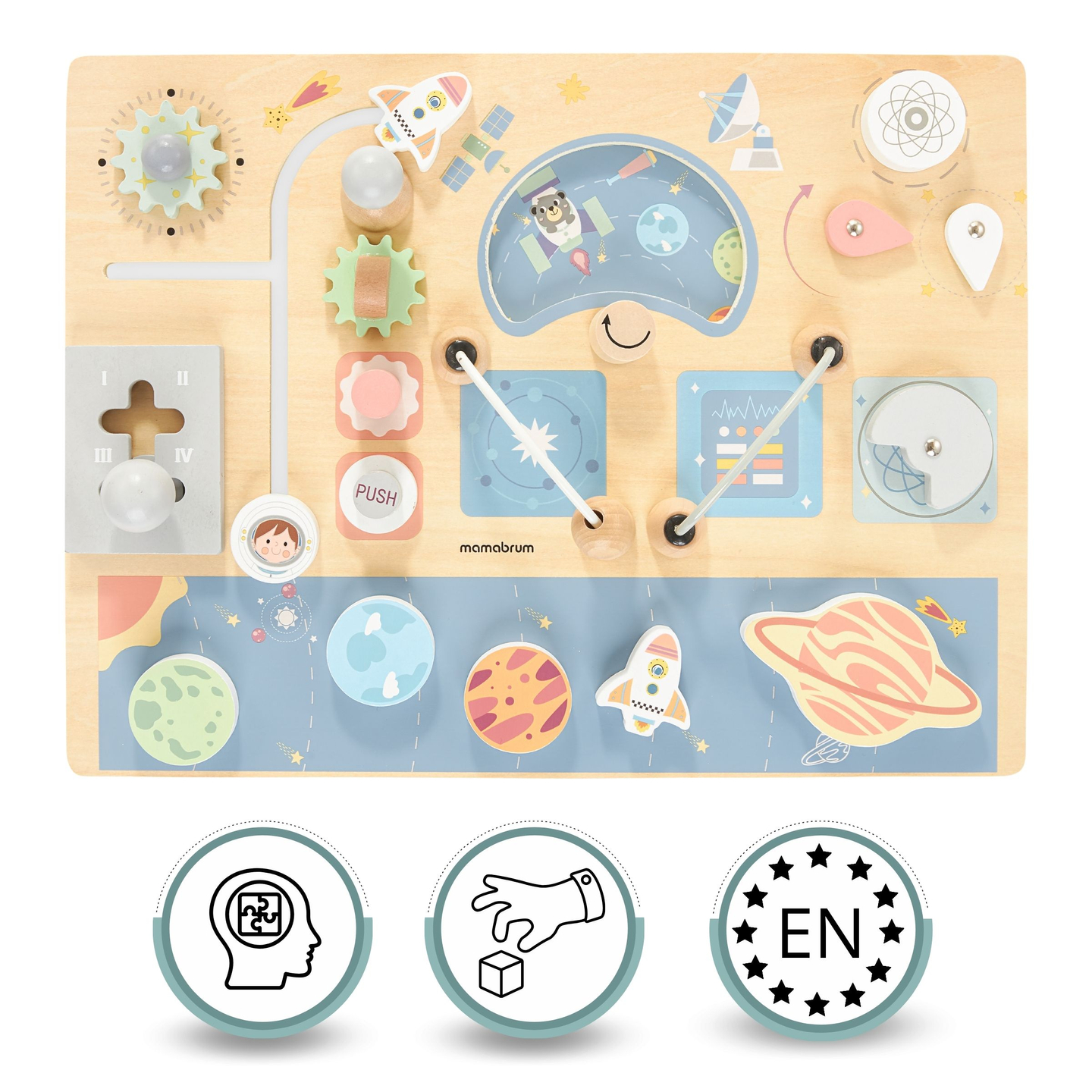 Manipulationstavle i træ - Cosmos