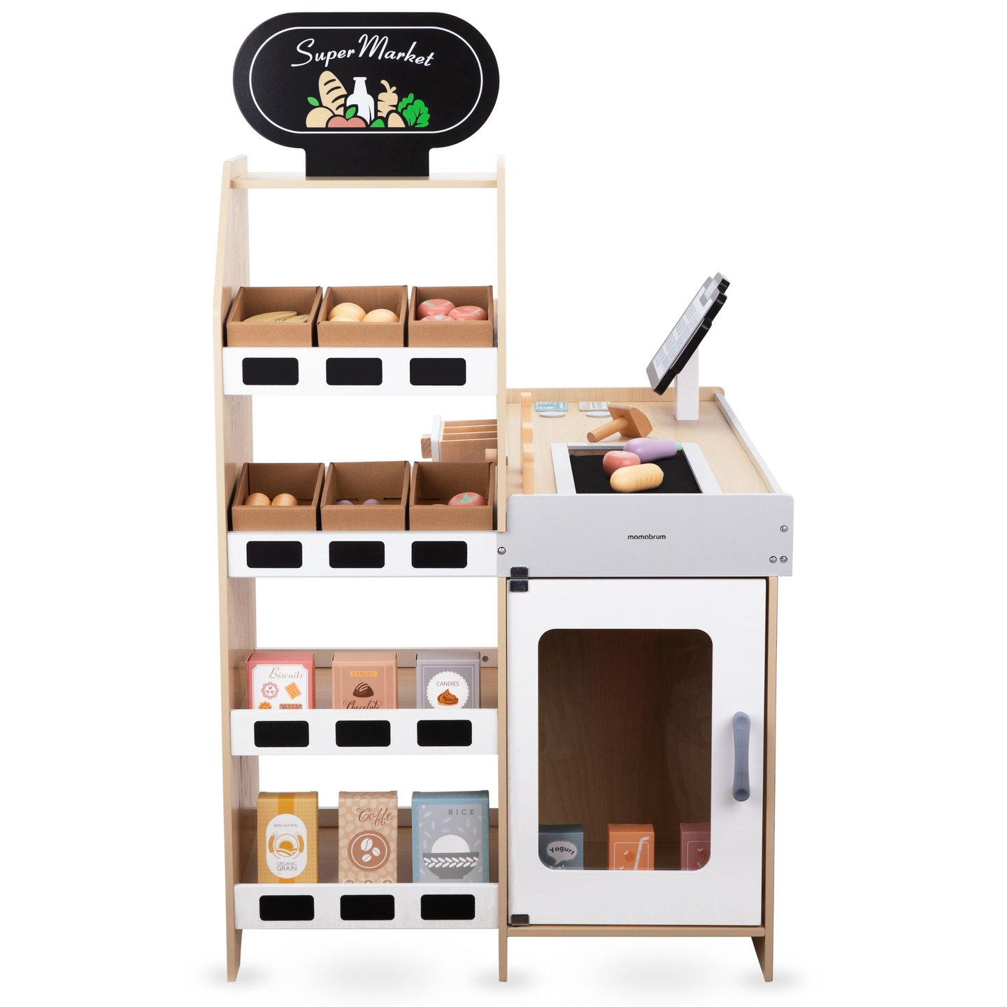 Grøntsagsmarked i træ - stor XXL-bod, butik med legekasseapparat