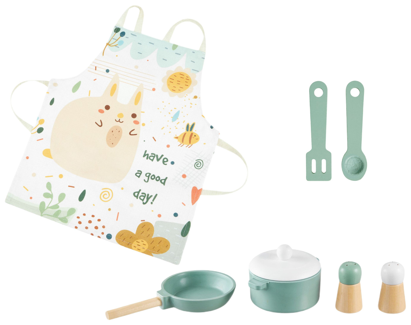 Trækøkken med forklæde, tilbehør og LED-belysning