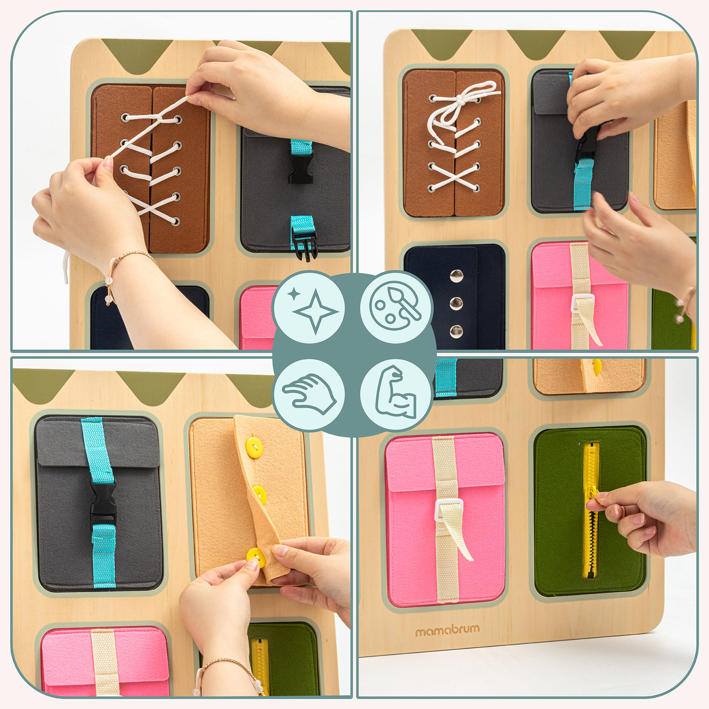 Montessori manipulationsbræt i træ – Sensorisk læring af uafhængighed – snørebånd, spænder, knapper, tryklåse, lynlås