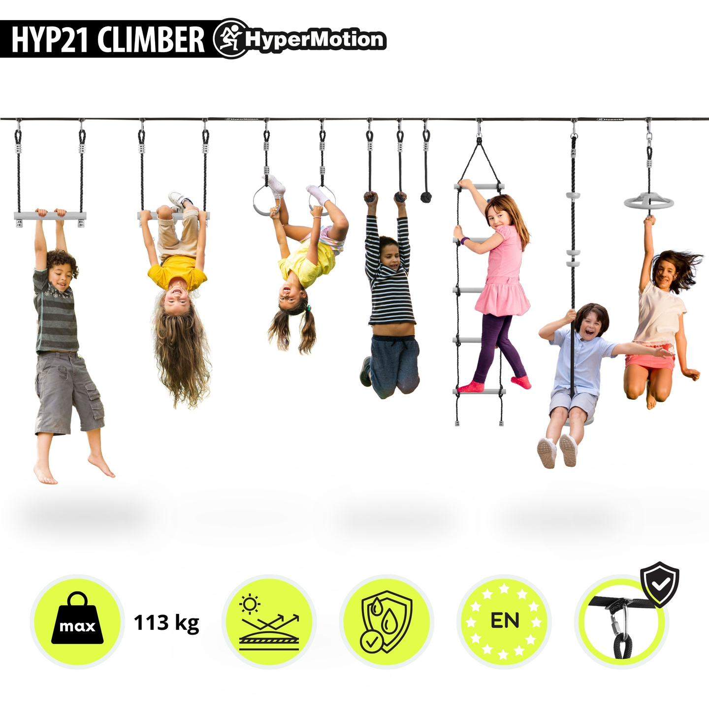 Ninja-forhindringsbane til børn - HyperMotion slackline-sæt - 10 forhindringer