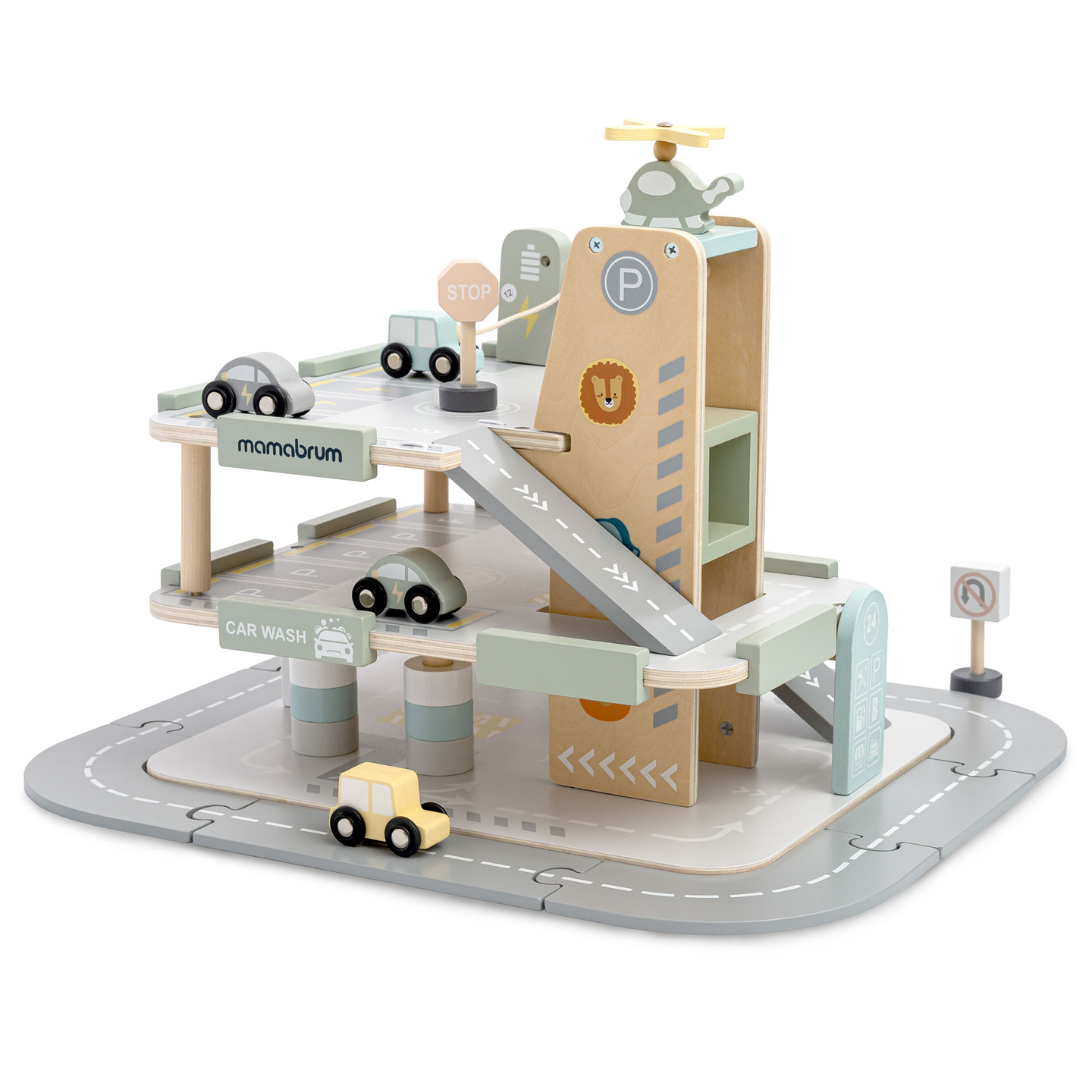 Trægarage i tre etager til børn med tilbehør – parkeringsplads, tankstation, bilvask, helikopter