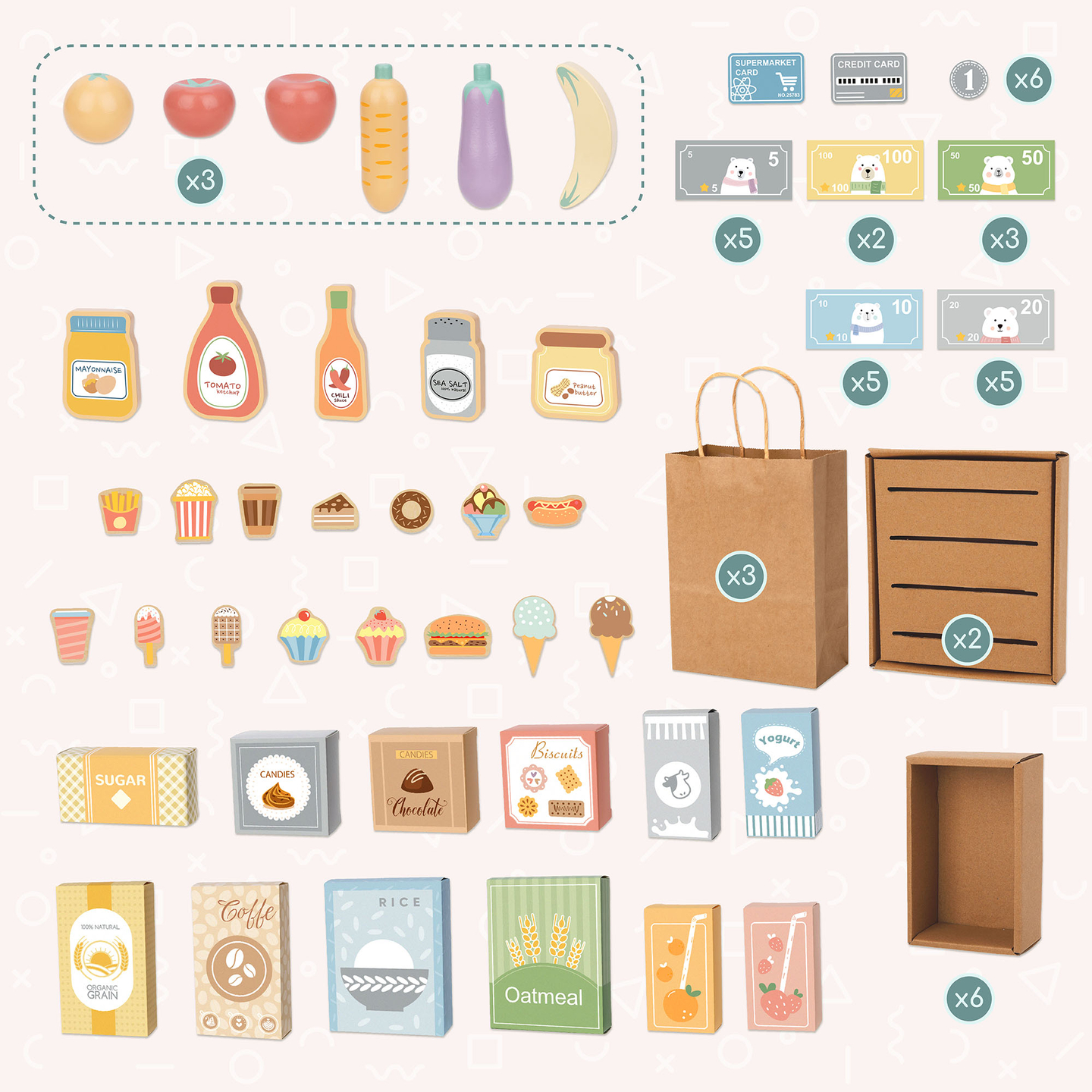 Stor børnebutik i træ med tavle - 91 dele til shoppingsjov!