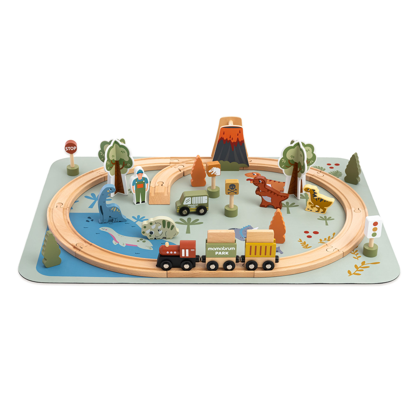 Dino Park trætog med skridsikker måtte - dinosaurer, tog, skinner, vulkan, klokke