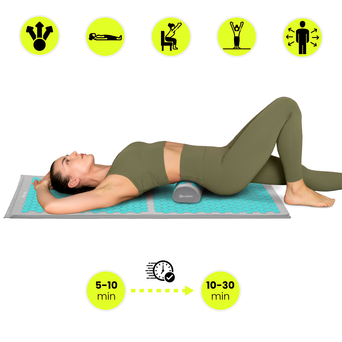Stor akupressurmåtte med pude og betræk - 130 cm HyperMotion grå-mint
