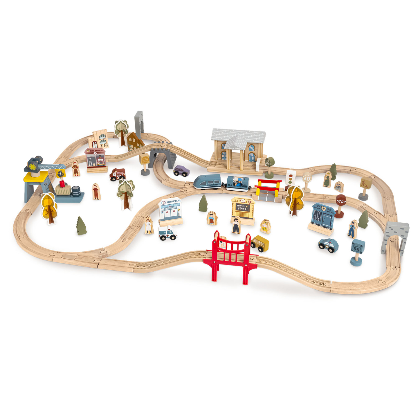 Træbane med elektrisk tog - flyttekran, skib, broer