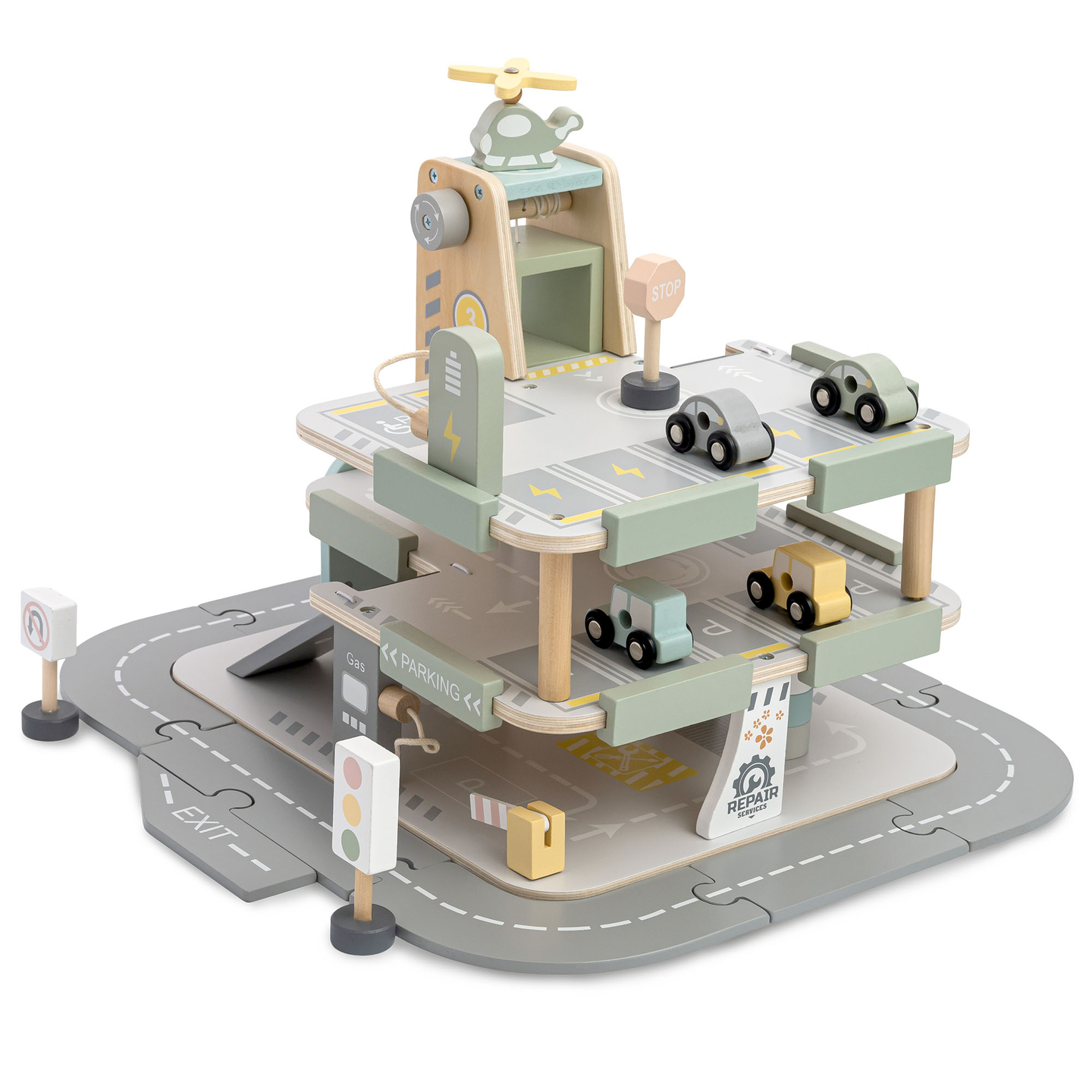 Trægarage i tre etager til børn med tilbehør – parkeringsplads, tankstation, bilvask, helikopter