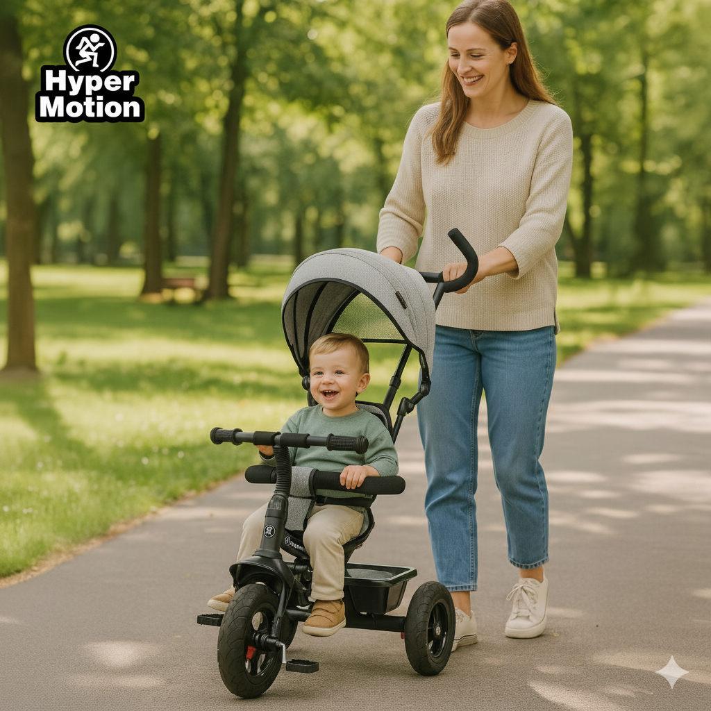 Trehjulet cykel til børn 1-4 år - TOBI FREY - grå farve - drejelig - pumpede hjul + skubber