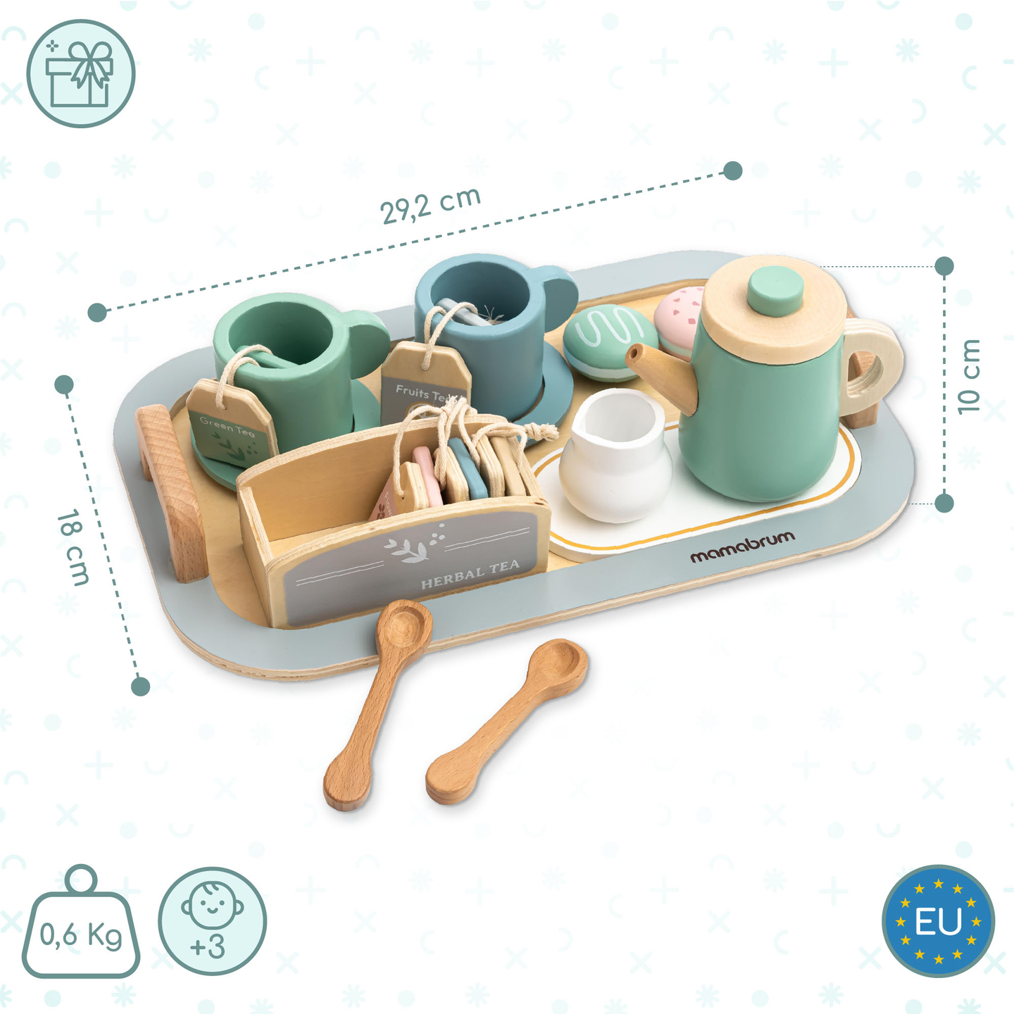 Stort tesæt i træ med bakke - 18 dele