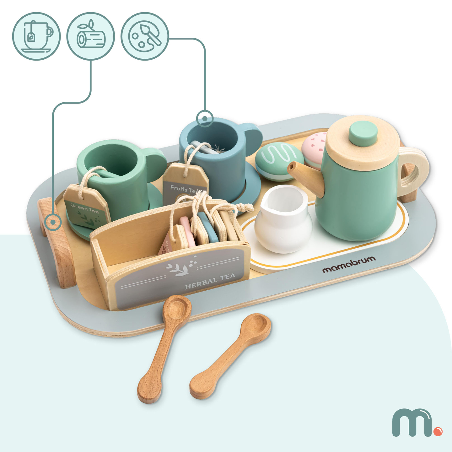 Stort tesæt i træ med bakke - 18 dele