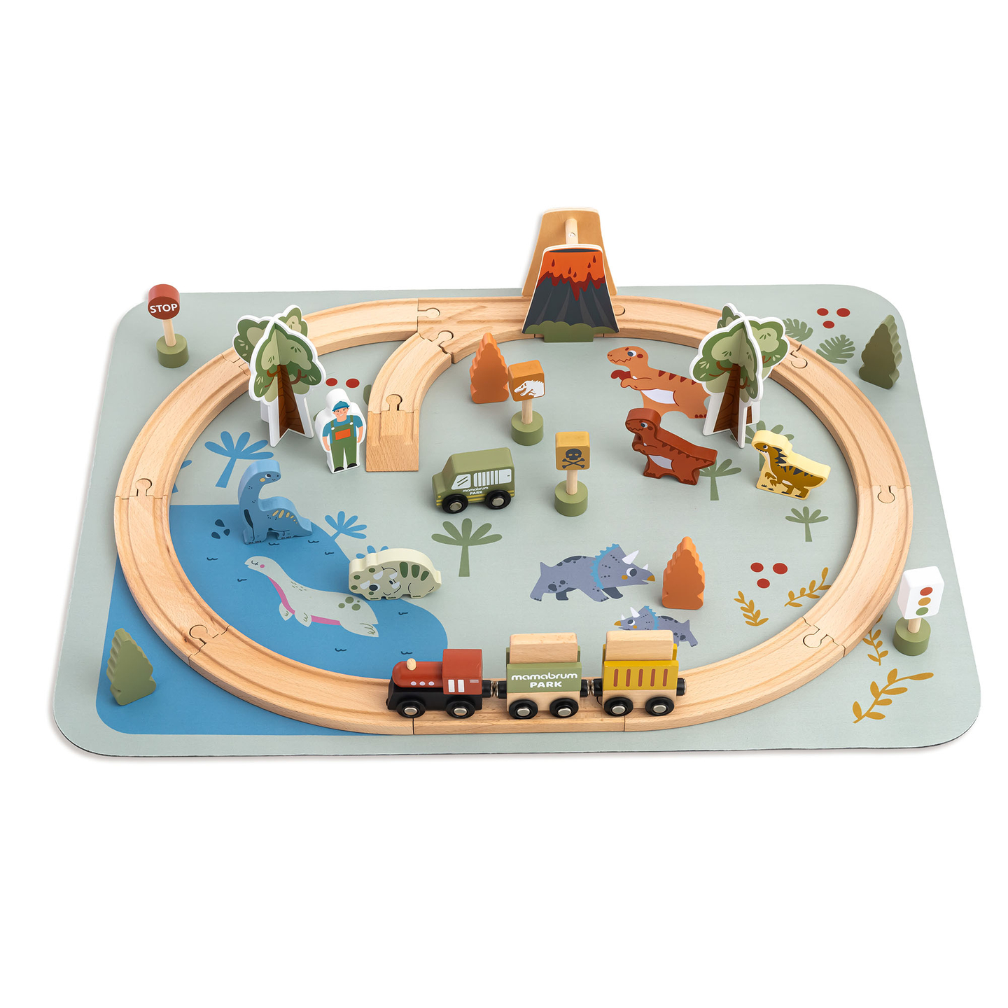 Dino Park trætog med skridsikker måtte - dinosaurer, tog, skinner, vulkan, klokke