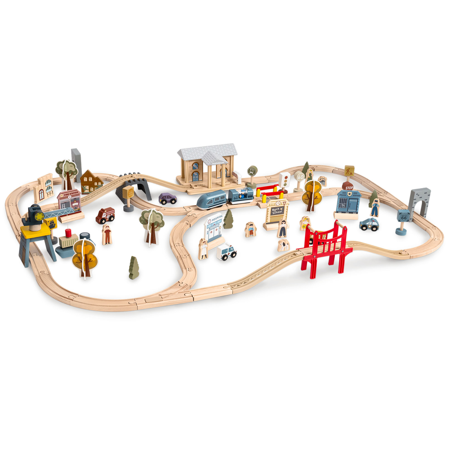 Træbane med elektrisk tog - flyttekran, skib, broer