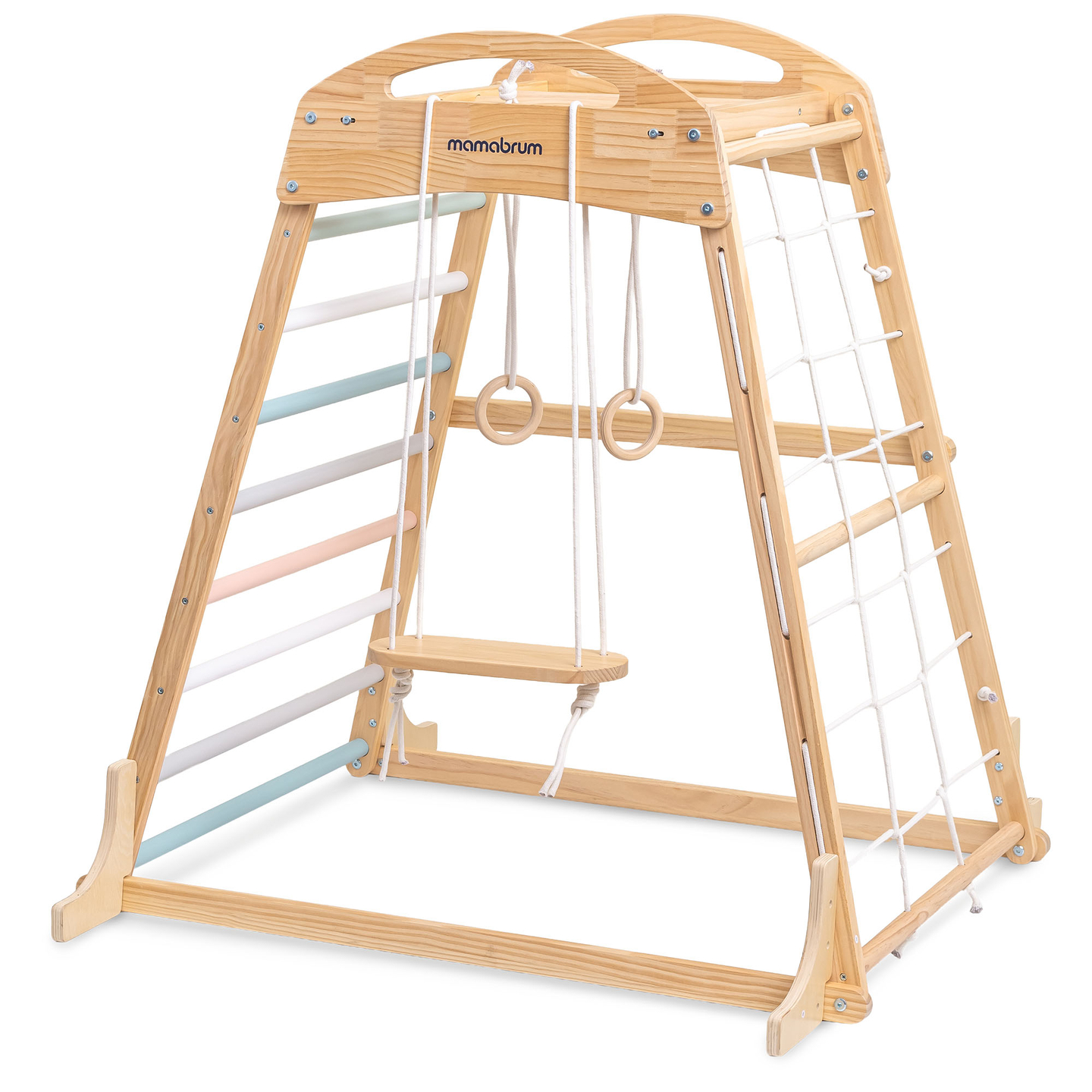 Indendørs legeplads i træ med gynge, gymnastikringe og klatrenet